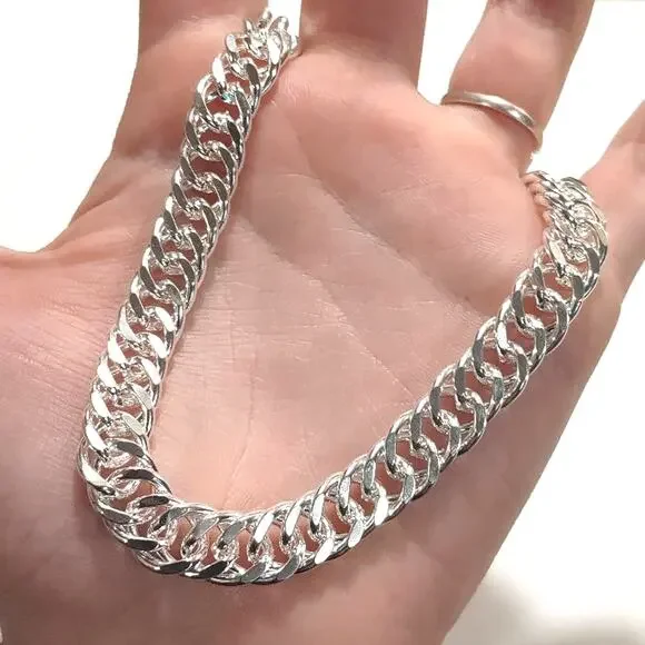 925 Silver Plated Necklace THICK 10mm Double Chain Valentines Birthday Gift